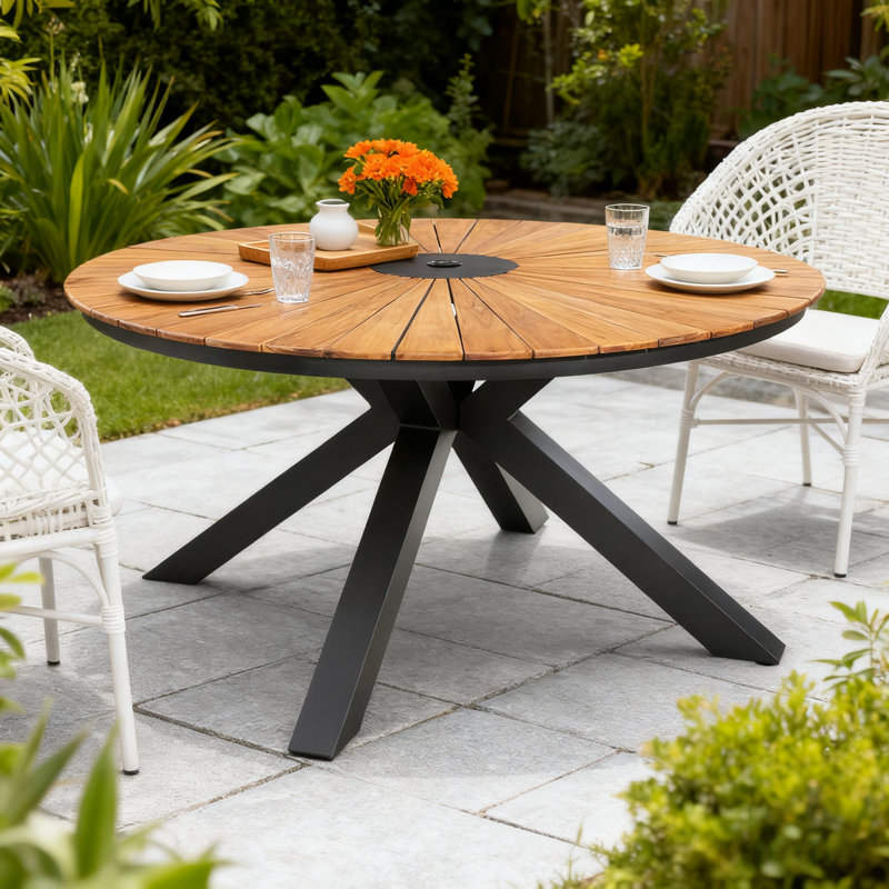 Indoor/Outdoor Aluminum 60" Round Dining Table With Teak Tabletop for 6 Person, Black