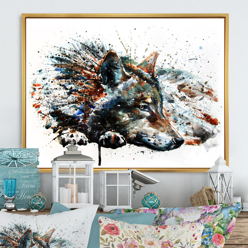 Loup, animaux sauvages - reproduction de cadre flottant sur toile, H 16 po x l 32 po x P 1 po, Cadre flottant doré