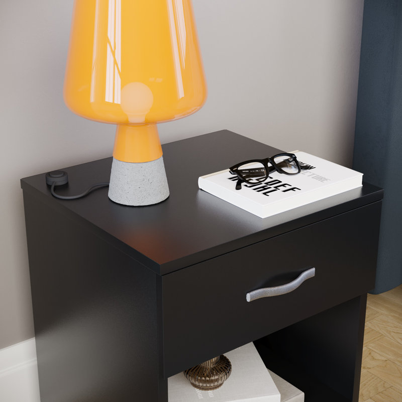 Maybery 1 Drawer Bedside Table With Open Shelf, Bedroom Storage Cabinet, Black, 1