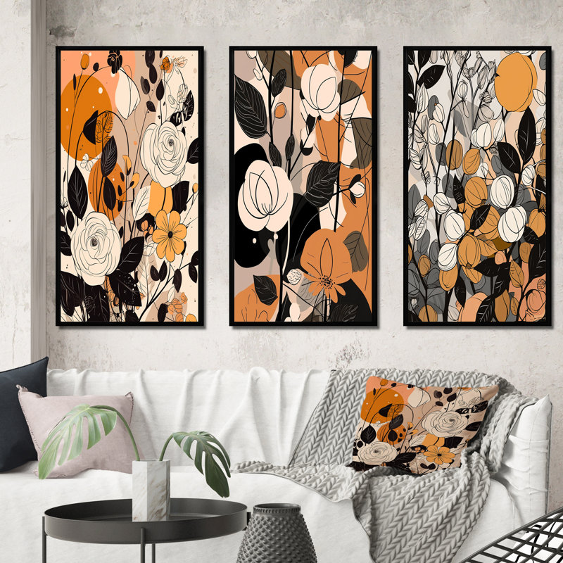 «Retro Terracotta Roses Illustration», 3 pièces, H 28 po x l 36 po, Cadre flottant noir