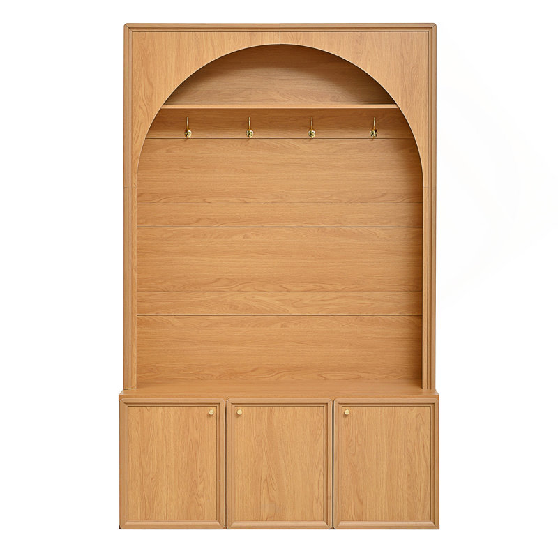 Farmhouse All-in-One Hall Tree with Adjustable Shelves, Retro Arched Entryway Storage Bench, Wooden Coat Rack Organizer