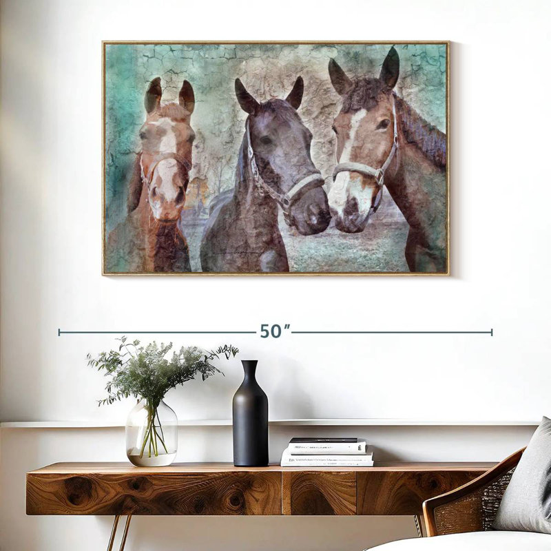 Trois chevaux voisins, Cadre flottant en bois naturel, 40 po x 27 po