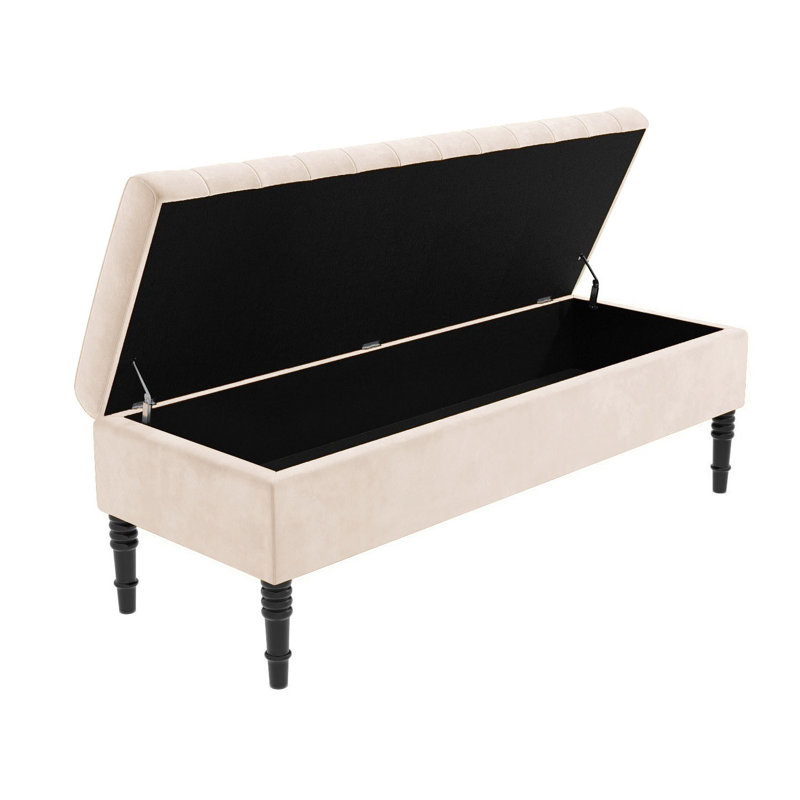 Safar Striped Ottoman Storage Bench – Upholstery Plush Velvet Shoe Bench with Black Turned Wooden Legs, Cream