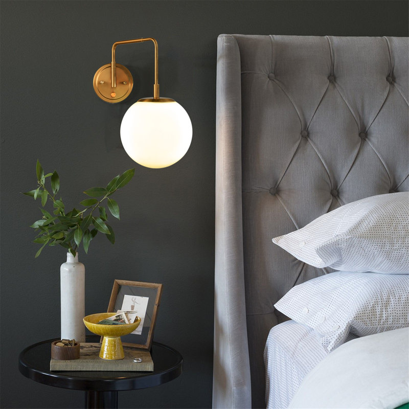 Gold Plug in Wall Sconce with Globe Milk Glass Shade