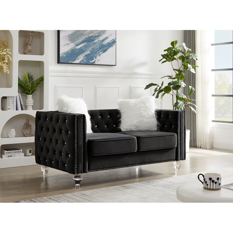 60'' Upholstered Loveseat, Velvet Sofa Couch with 2 Throw Pillows, Black