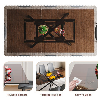 Table de salle à manger de 47,2 "à 59" avec plateau rectangulaire en verre trempé et base en X en acier au carbone noir pour 4 à 6 personnes