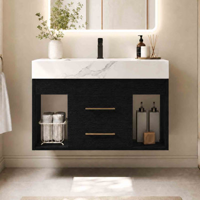 29.9" Modern Floating Bathroom Vanity with Ceramic Sink, Wall Mounted Storage Cabinet with 2 Drawers & 2 Open Spaces, Sintered Stone Top