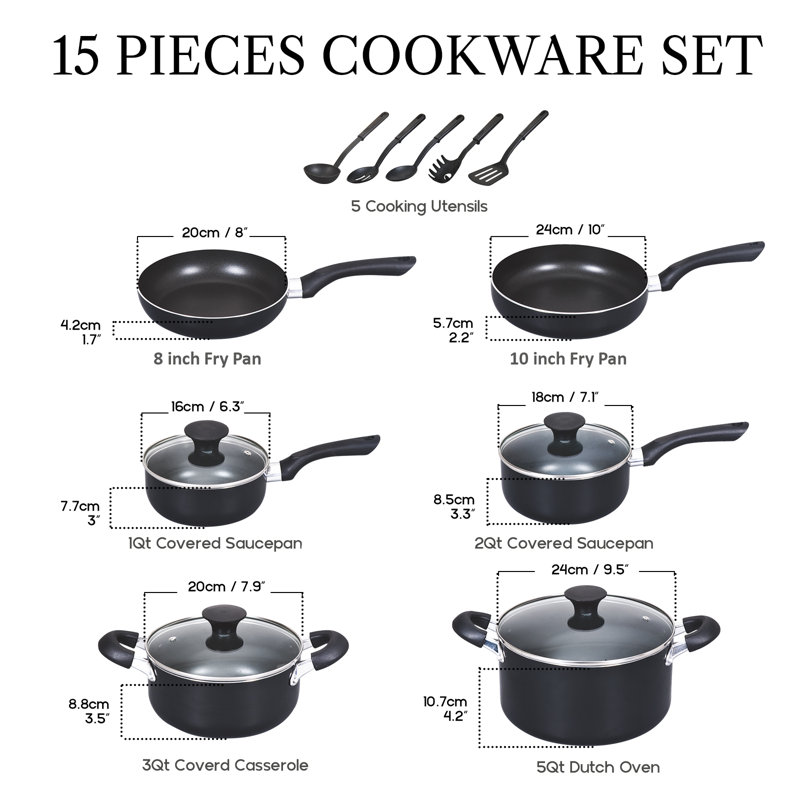 15-Piece Black Nonstick Aluminum Cookware Set with Glass Lids