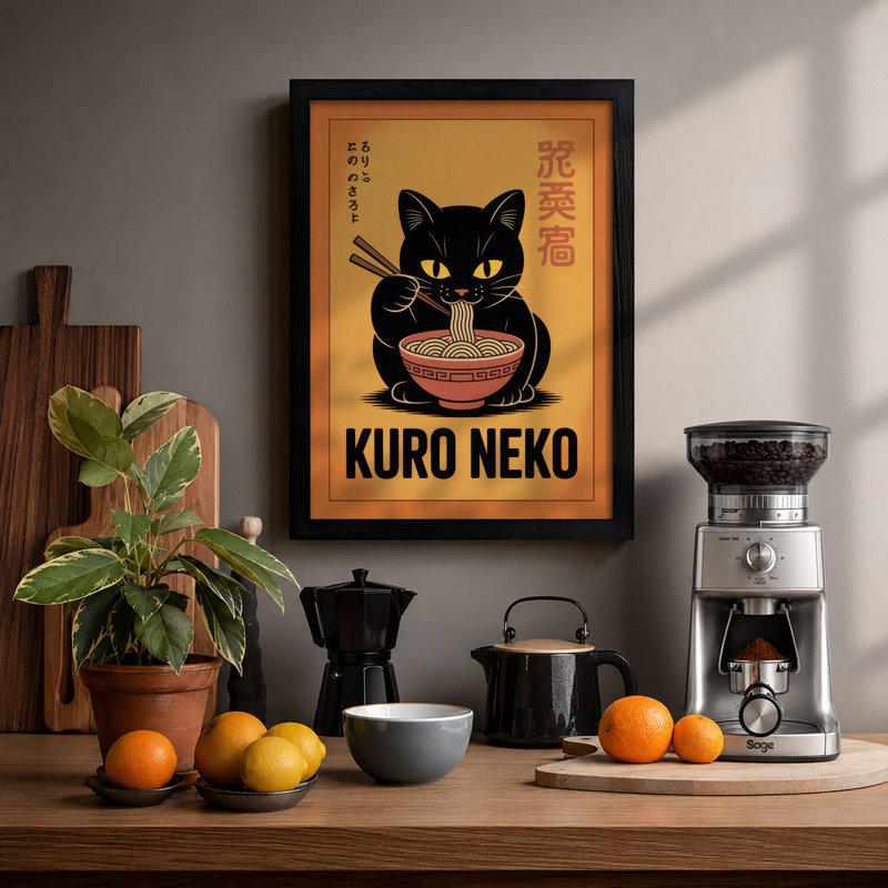 Kuro Neko Noodles Japandi - Framed Print, A1 - 84.1 x 59.4 cm, Black