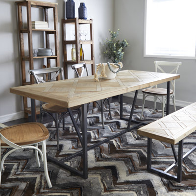 Wood Geometric Carved Brown Dining Table with Black Metal Base