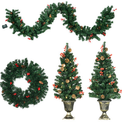 4 Christmas Decorations : Warm White , Red Berries, Pine , , & 2 Home Trees Ornaments With : , Entryway