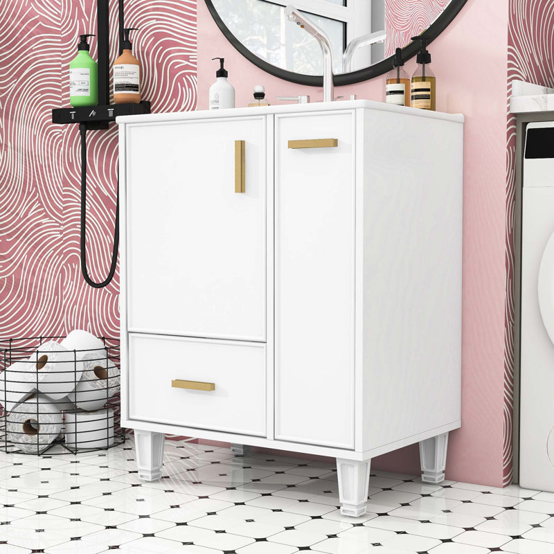 Meuble-lavabo de salle de bain avec lavabo, tablette de porte et tiroir, Blanc