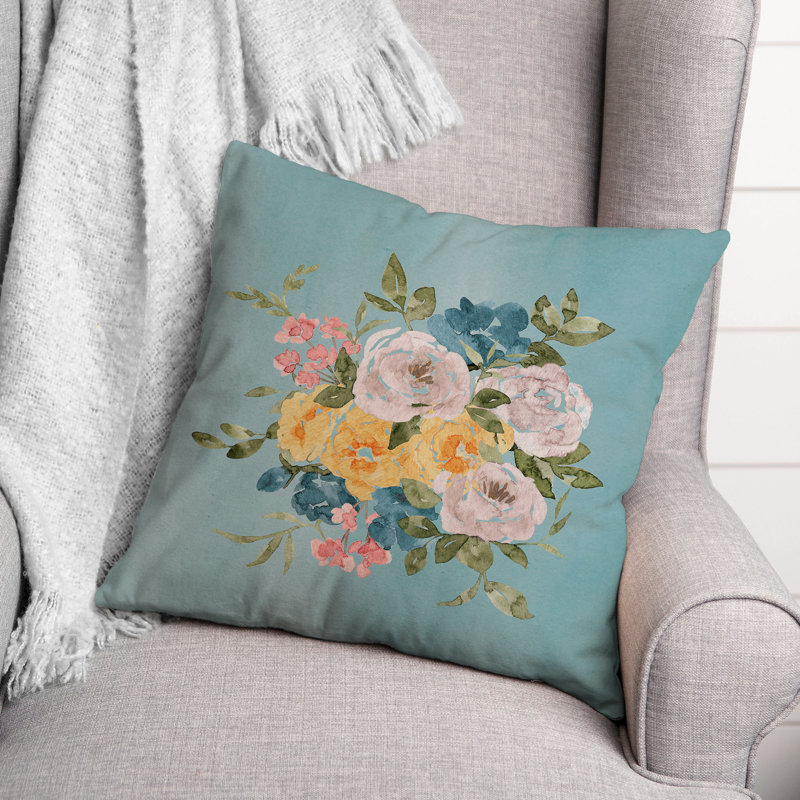 Coussin intérieur / extérieur à fleurs aquarelle, H 18 po x l 18 po, Carré