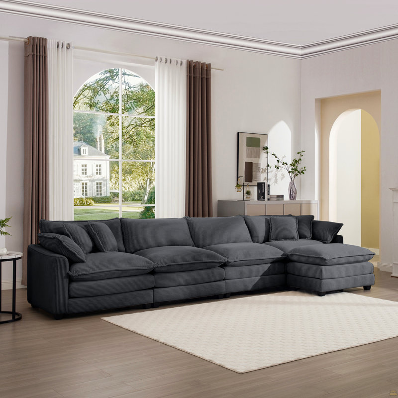 Canapé en velours côtelé, Gris, 33,85 po H x 149,6 po L x 34,25 po P, 4