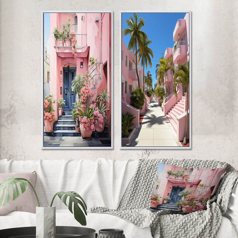 «Pink Miami Artful Facades», 2 pièces roses, Cadre blanc, H 40 po x l 40 po