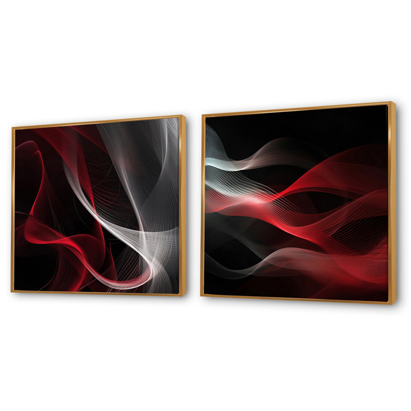 Abstraction contemplative rouge et noire - ensemble de 2 collages carrés de vagues modernes, Cadre flottant doré