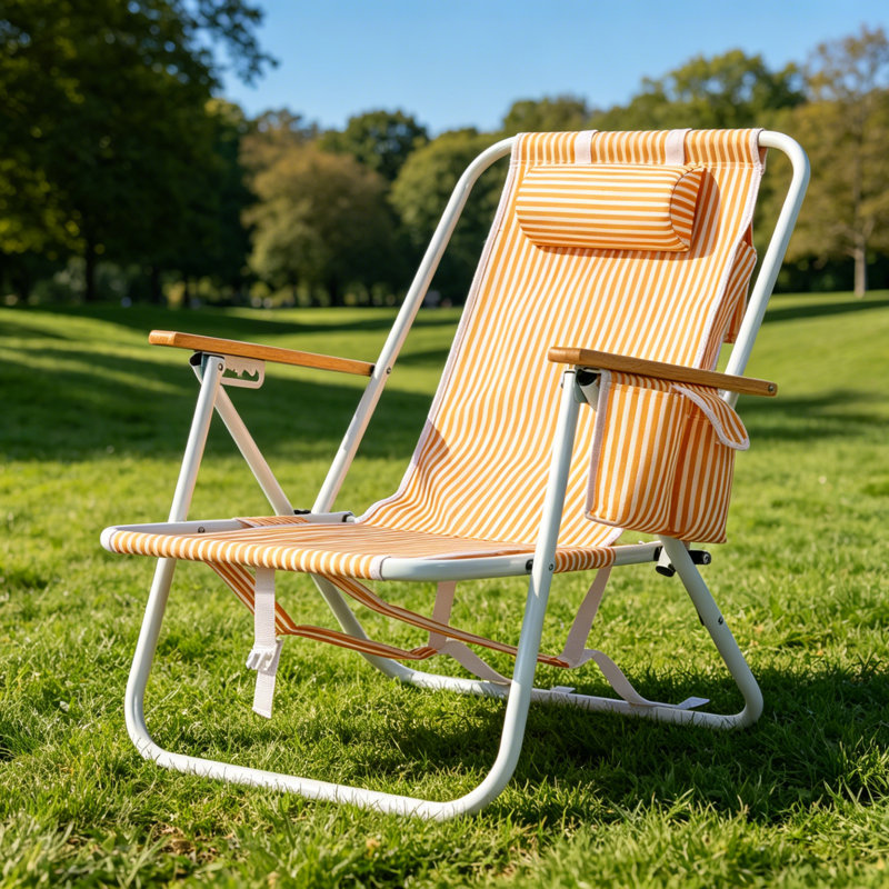 Orange White Vertical Striped Aluminum Folding Beach Chair, Multi-Recline Portable Outdoor Sand Chair With Wood Armrest, Side Cup Pocket & Detachable Headrest, Heavy Duty Lawn Chair For Beach, Patio, Pool & Camping