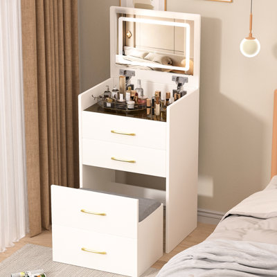Bedroom Vanity With Comfortable Seat And Storage - White 3 In 1 Desk, Cushion, Drawers Spacious