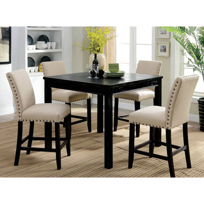 5 pièces de style rustique, hauteur comptoir, 1 table carrée et 4 chaises avec coussins en lin, noir antique, placage de bois massif, finition noire,
