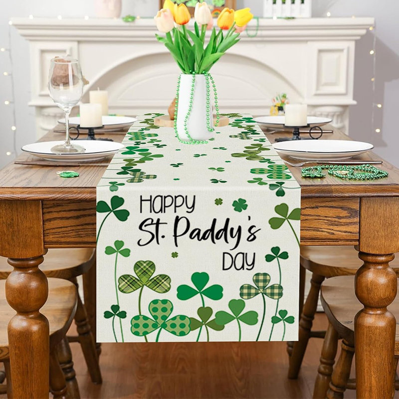 Shamrocks Happy St. Patrick’S Day Table Runner, Spring Holiday Kitchen And Dining Decor