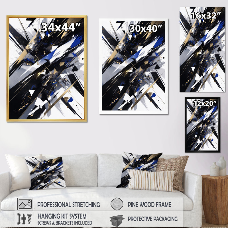 Symphonie cubiste noire sur blanc, Cadre simple noir, H 32 po x l 24 po x P 1 po