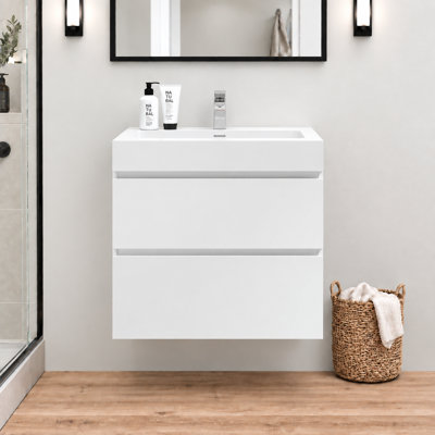 24-Inch Modern White Floating Bathroom Vanity with White Integrated Sink and 2 Storage Drawers, Wall-Mounted and Fully Assembled