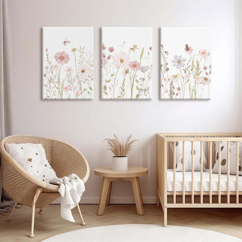 Wildflower Nursery Wall Art Pink Watercolor Floral Painting Baby Girl Nursery Canvas Wall Decor Vintage Botanical Flower Picture Boho Wildflower Prints For Bedroom 12X16x3 Inch Wrapped Canvas