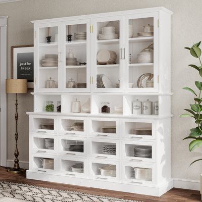 78.7" H Large White Dining Hutch With Glass Doors & 12 Flip-Down Cubes by Ophelia & Co.