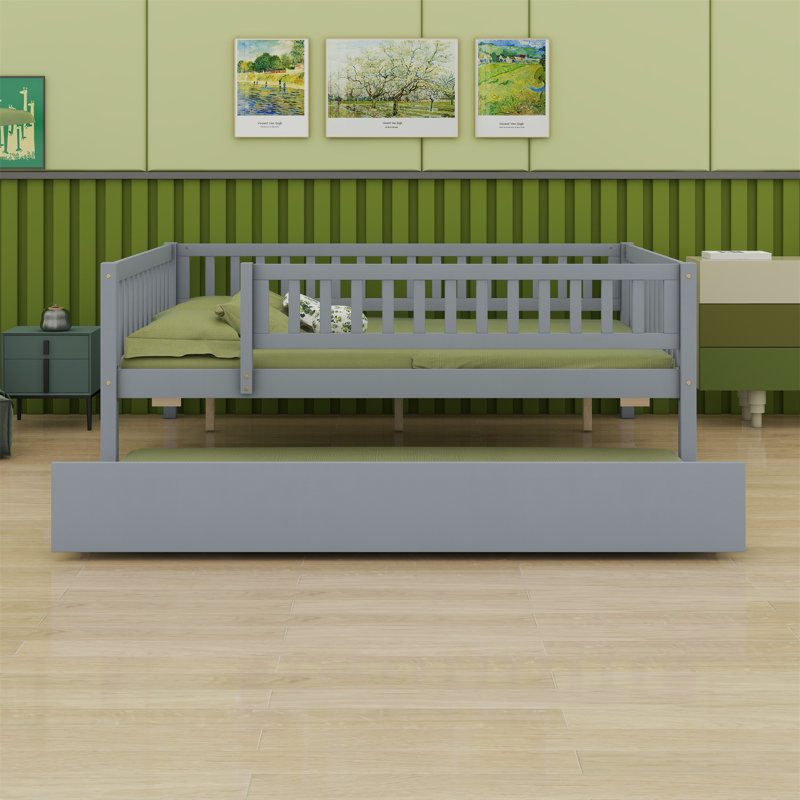 Wood Daybed With Trundle And Fence Guardrails, Gray