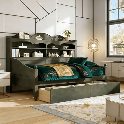 Twin Size Storage Daybed With Bookcase Backrest And 2 Drawers