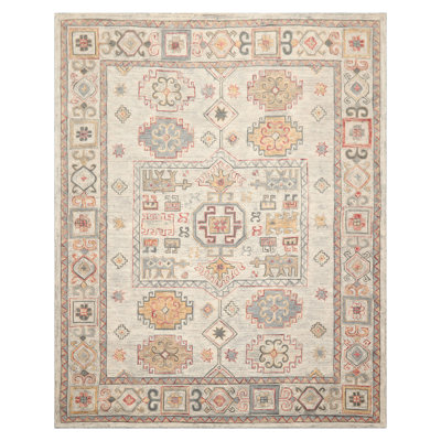 Tapis beige en laine touffeté à la main à motif géométrique transitionnel