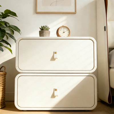 19.7" Off-White French Style Luxury Swivel Nightstand, 360° Rotating 2-Drawer End Table, Fully Assembled, Solid Wood Frame, Faux Leather Wrapped, No Assembly Required