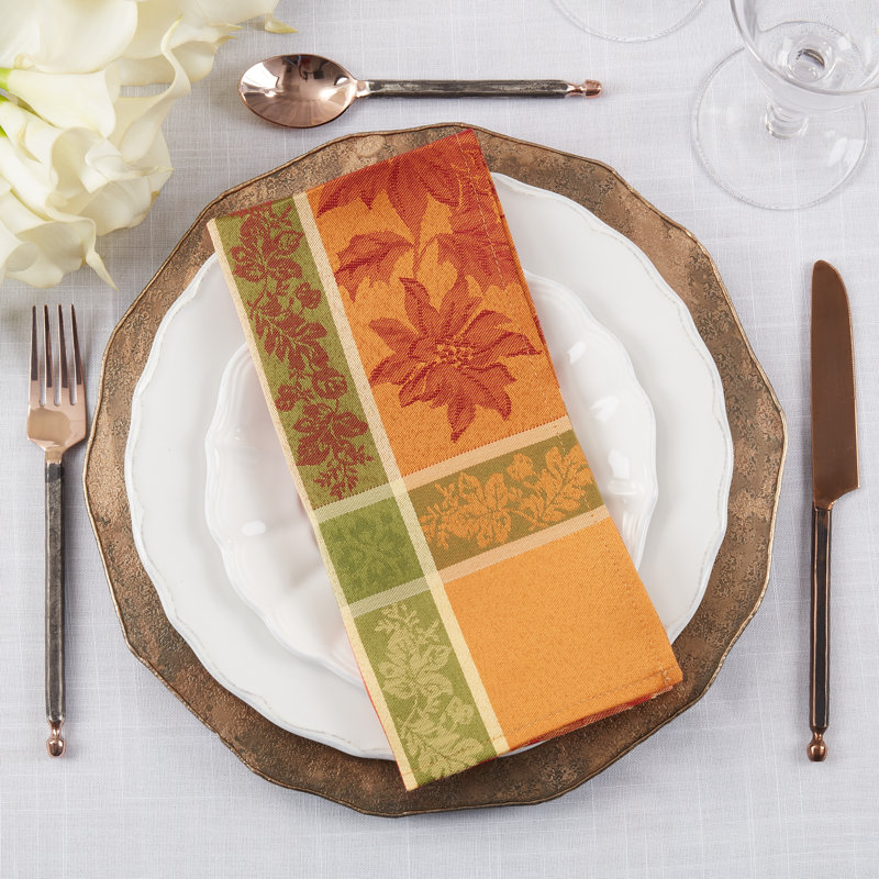 Fall Foliage Jacquard Cloth Napkins Set of 4, Orange and Green
