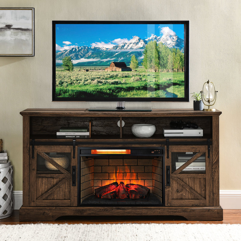 Foyer infrarouge à quartz - style brique et bûche de bois, puissance thermique de 1 500 W, 4 options de luminosité de la flamme, chauffage protégé et chauffage réglable