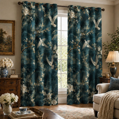 2Pcs Vintage Bird and Floral Print Sun Blocking Curtains, Artistic Nature Scene Light Blocking, Thermal Insulated Grommet for Living Room Bedroom for Home Dector