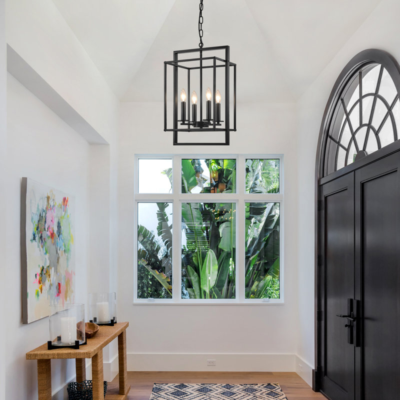 Turusan 4-Light Industrial Cage Pendant Light Rustic Farmhouse Square Lantern Chandelier for Foyer Entryway Dining Room Kitchen Island Hallway