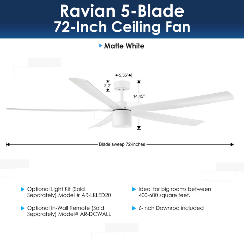 RAVIAN 5-Blade Ceiling Fan With Remote - (No Light), 72", Matte White