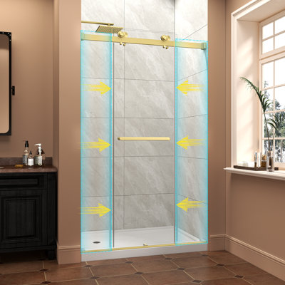 Brushed Gold Reversible Installation Double Bypass Sliding Shower Door Easy Installation Frameless Shower Door,5/16"(8MM) Tempered Glass With Nano Explosion-proof Film