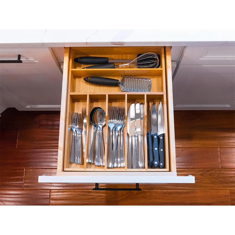 Organisateur de tiroir de cuisine en bambou, support à ustensiles de 13 pouces pour ustensiles, séparateur de tiroir rainuré très profond, 7 paniers en bois de bambou pour coutellerie, fourchettes, cuillères