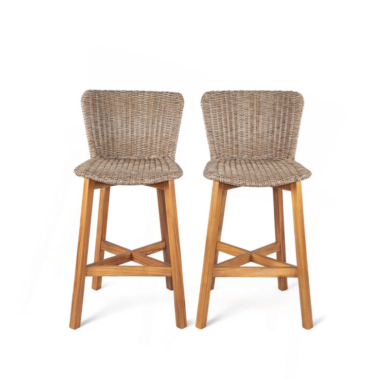 Teak Finished Outdoor Wicker Bar Stool(Set Of 2), Brown