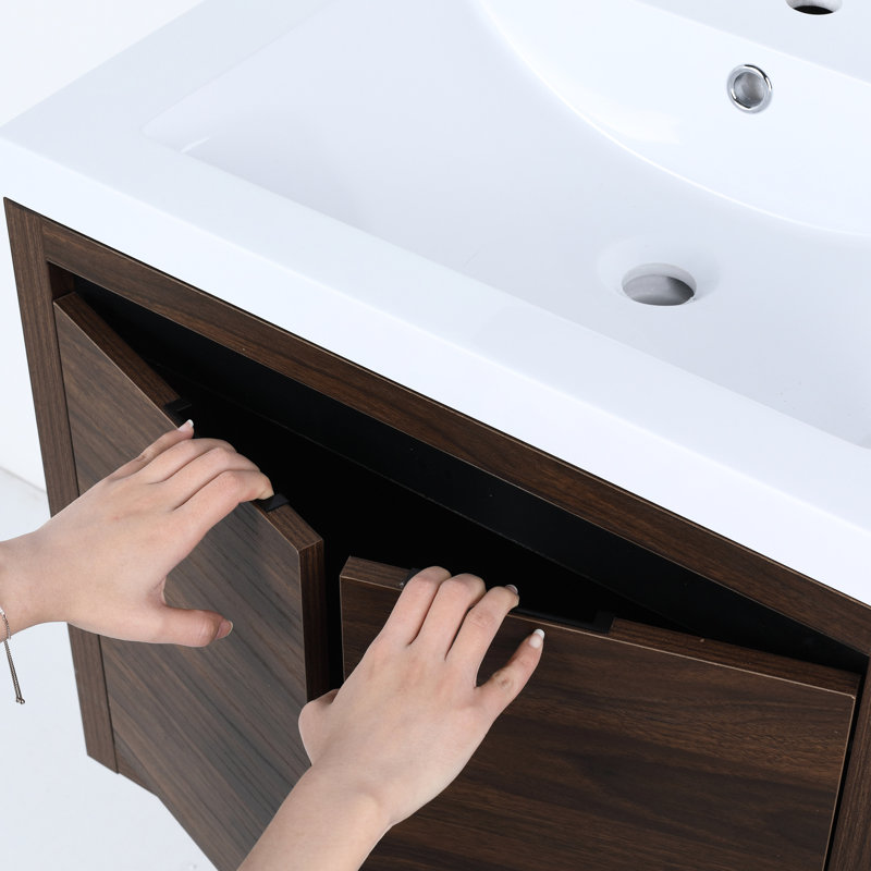 Armoire de rangement de salle de bain 24 po avec lavabo - fixation murale, noyer, fermeture en douceur, élégant lavabo en résine et fixation fonctionnelle