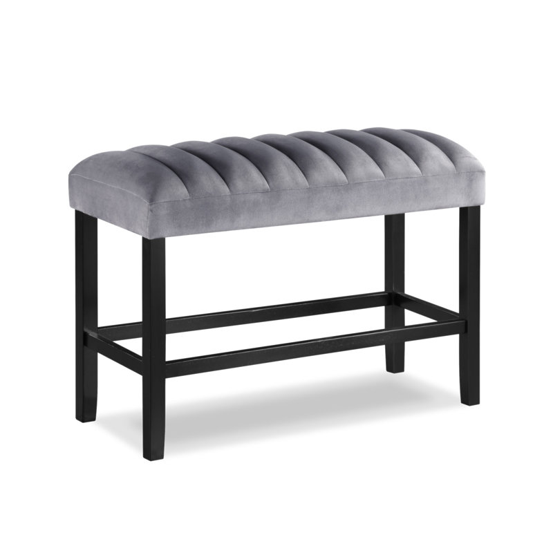 1Pc Gray Black Counter Height Bench Dining Room Velvet Fabric Upholstery Kitchen Dining Wooden Furniture