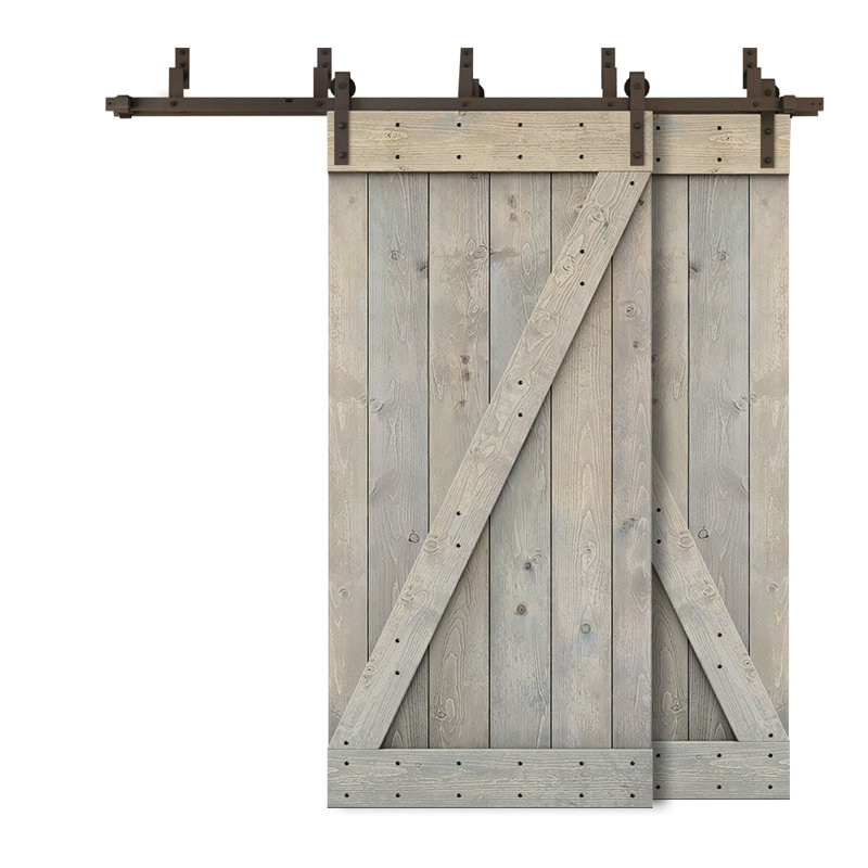 Porte de grange à panneaux et en bois avec quincaillerie d'installation, 96 po x 84 po, Gris fumée