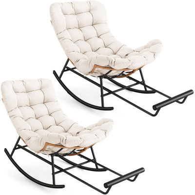  2 pièces Chaise berçante Papasan avec repose-pieds, chaise Papasan surdimensionnée avec coussin épais amovible et structure en métal, chaises longues