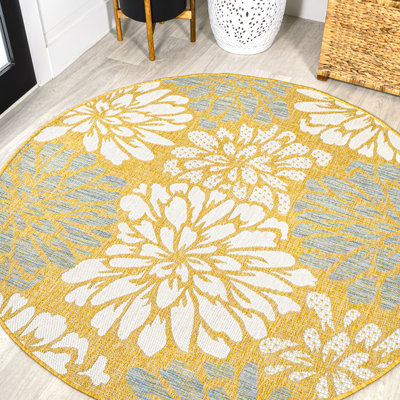 Zinnia Modern Floral Textured Weave Yellow/Cream Indoor/Outdoor Rug