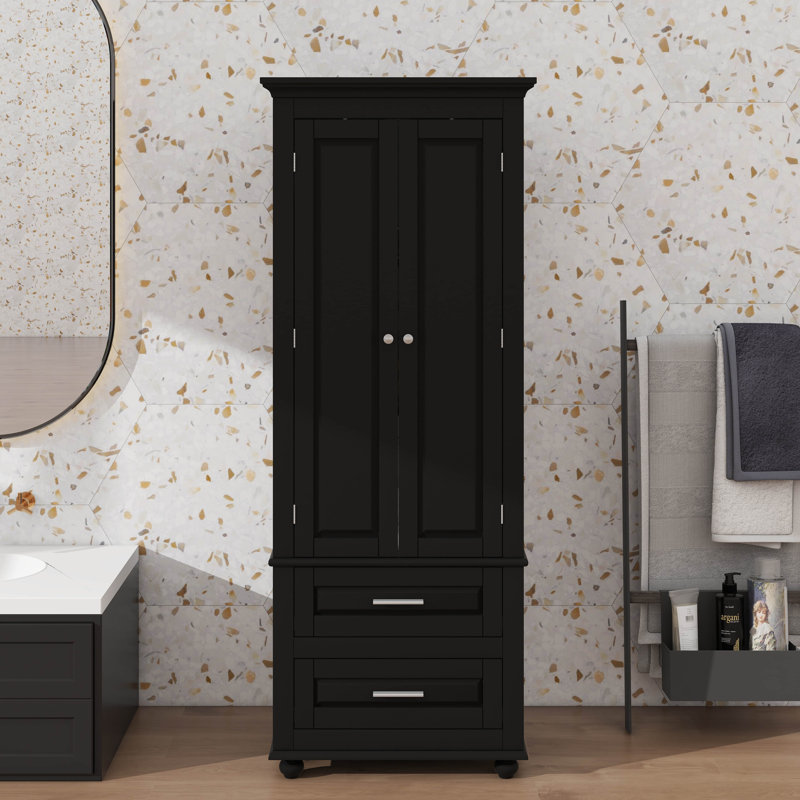 High Storage Cabinet Featuring Two Handy Drawers, Black