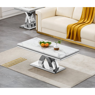 Faux Marble Coffee Table Set of 3, Modern Living Room Table Set Includes 1 Coffee Table and 2 End Side Tables for Living Room, White Faux Marble Top w by Everly Quinn