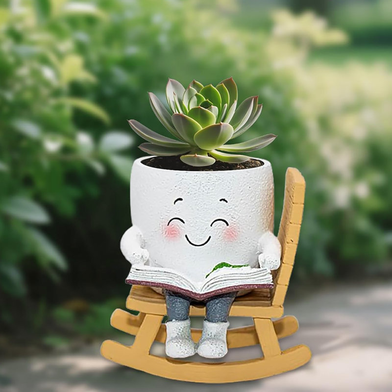 Reading themed Planter with Drainage Holes: Durable Resin, Rocking Chair Design