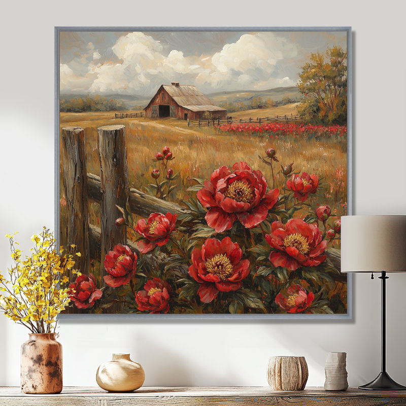 Art mural rétro pour pivoines Crewe par The Barn I - pivoines rouges, H 30 po x l 30 po, Impression encadrée flottante