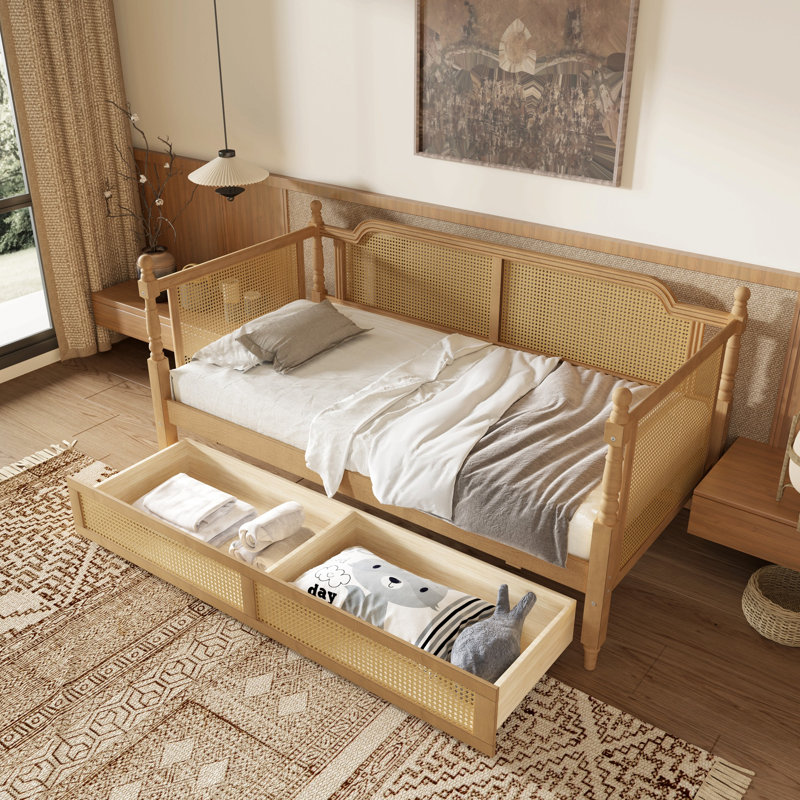 Lit de jour en rotin de style traditionnel avec 2 tiroirs pour un espace limité, chambre d'amis, aucun sommier nécessaire